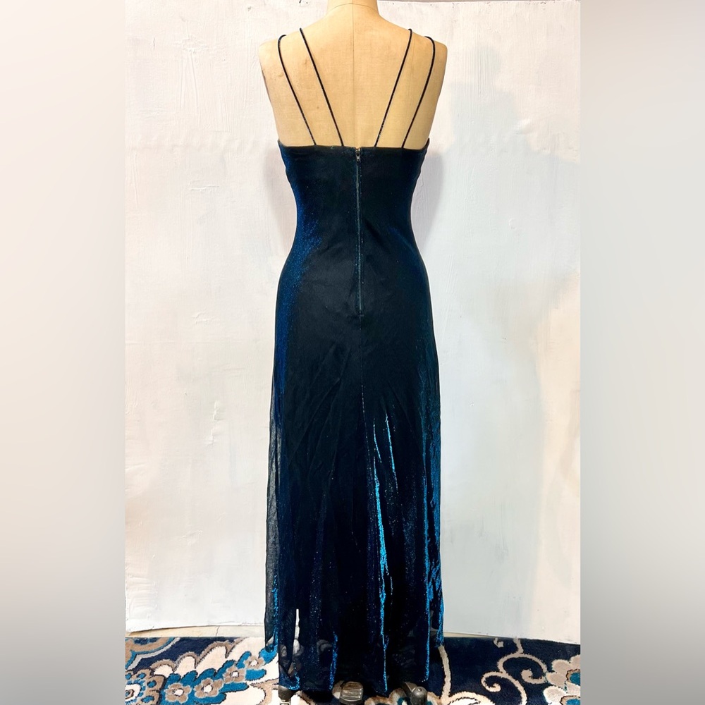 VINTAGE 80s‎ deep midnight teal prom gown formal dress sequin iridescent sparkle - Picture 6 of 15